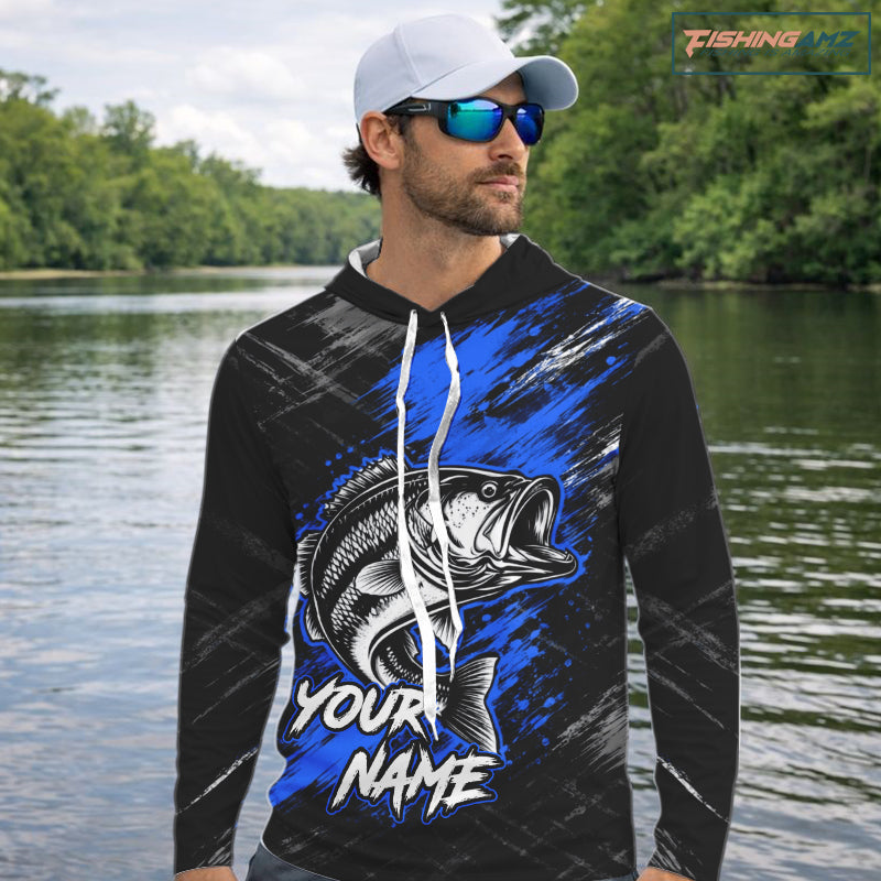 Hooded Personalized Blue Bass Fishing Jersey, Largemouth Bass Shirt, Custom Name Fishing Team Shirt NHT1594