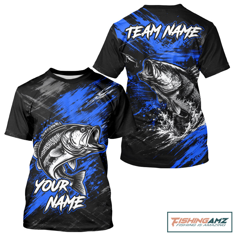 Personalized Blue Bass Fishing Jersey, Largemouth Bass Shirt Short Sleeve, Custom Name Fishing Team Shirt NHT1594