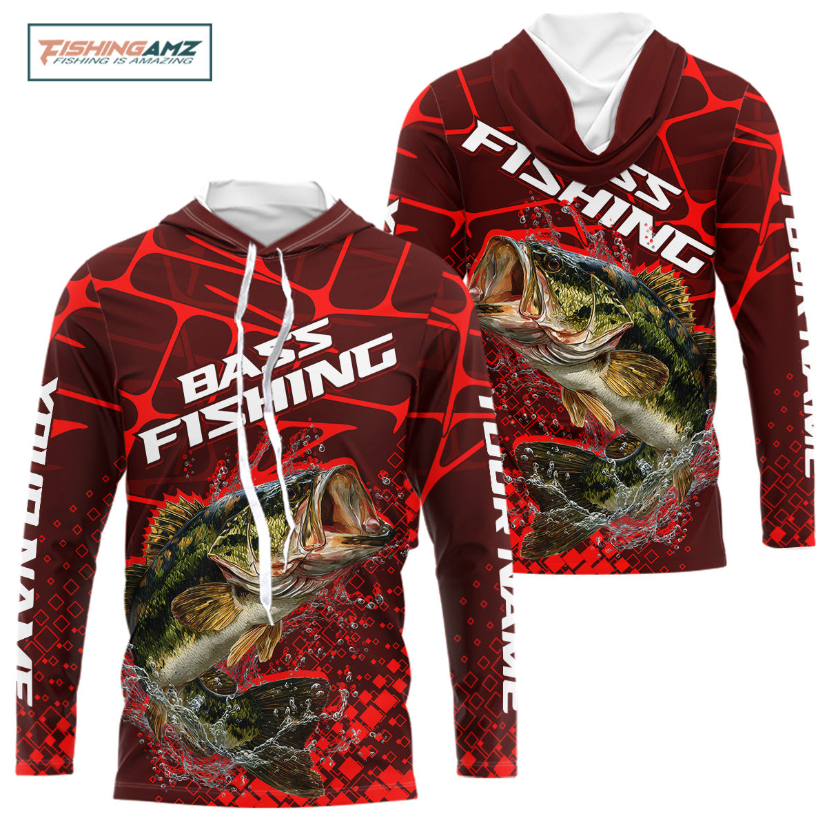 Largemouth Bass Fishing, Fishing Shirts Long Sleeve Hooded Scale, Fishing Gift |Red NHT391