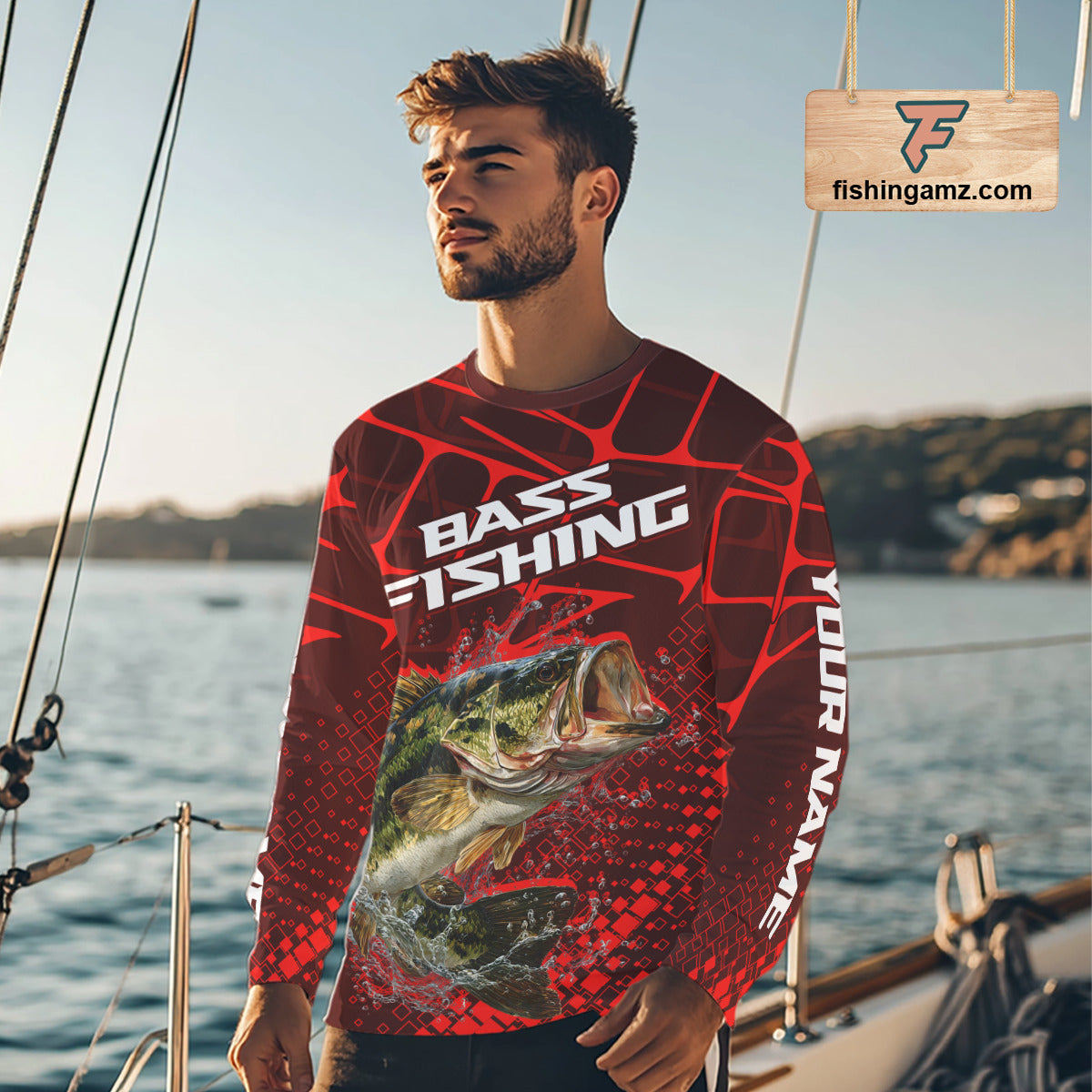 Largemouth Bass Fishing, Fishing Shirts Long Sleeve Scale, Fishing Gift |Red NHT391
