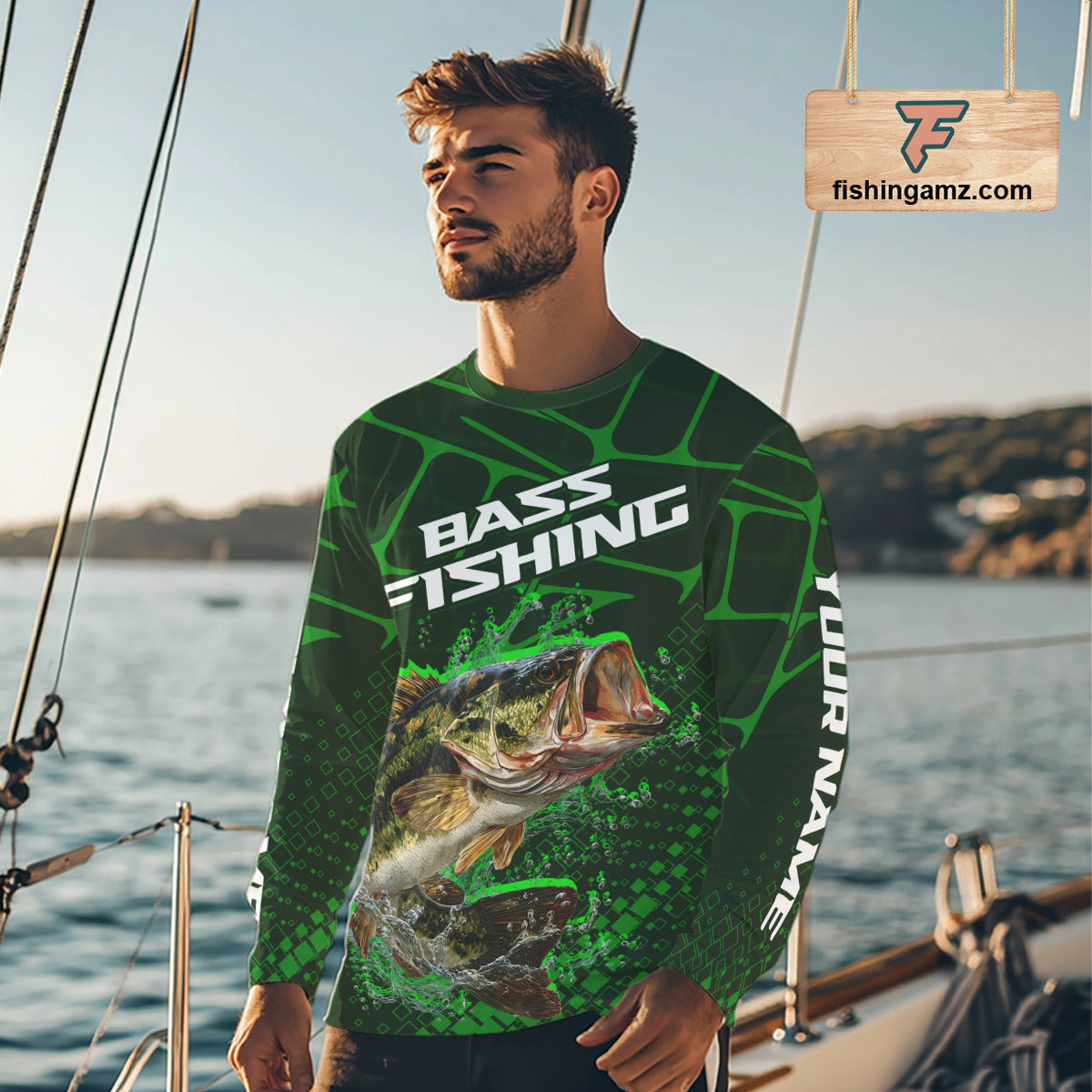 Largemouth Bass Fishing, Fishing Shirts Long Sleeve Scale, Fishing Gift | Green NHT392