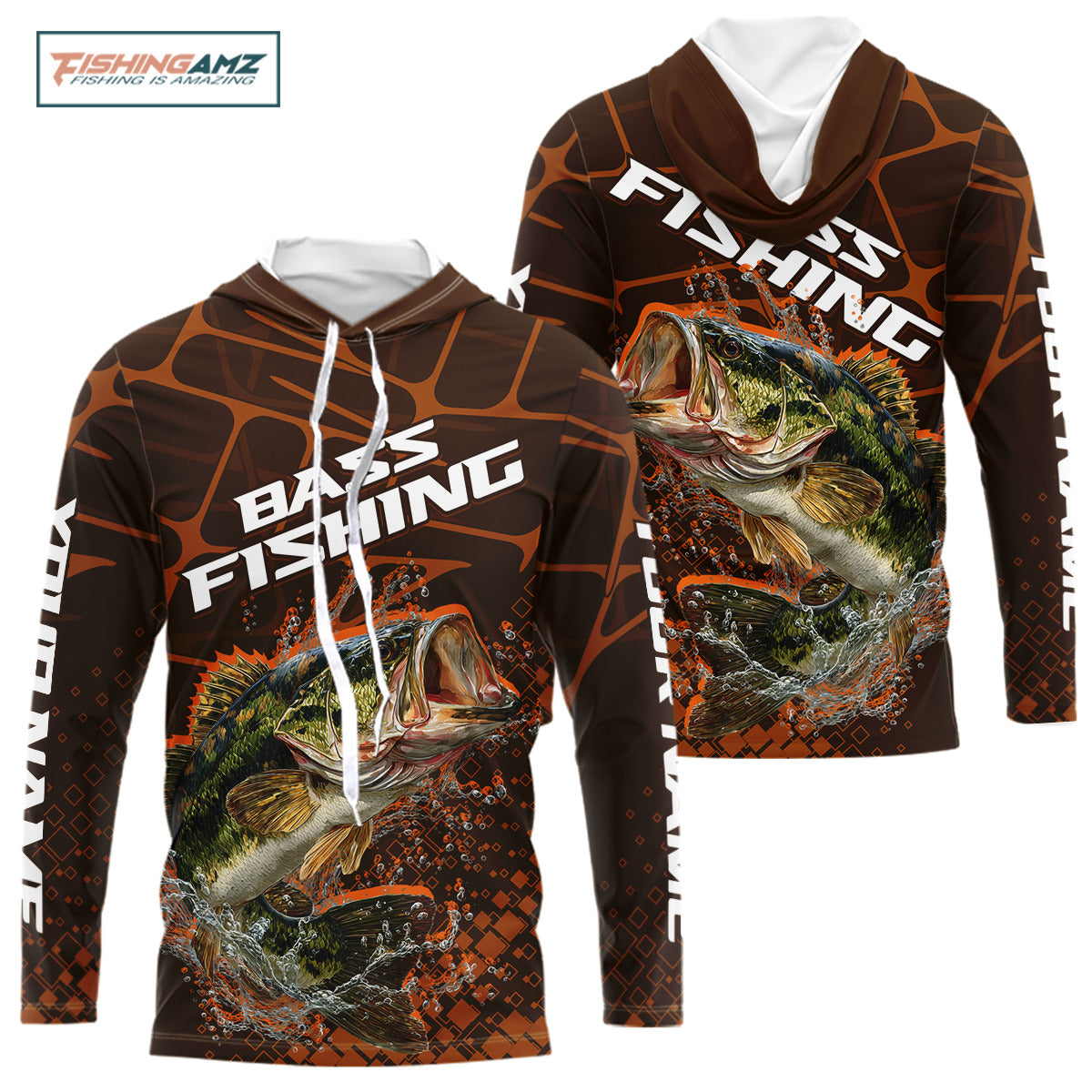 Largemouth Bass Fishing, Fishing Shirts Long Sleeve Hooded Scale, Fishing Gift | Orange NHT393
