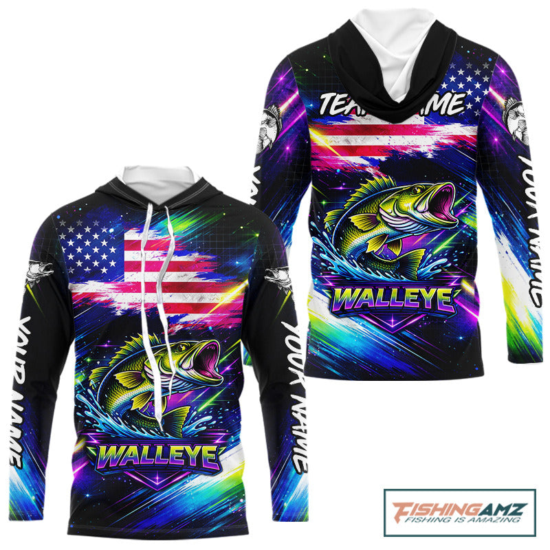 Personalized Walleye Fishing Jerseys, Custom American Flag Fishing Shirts Long Sleeve Hooded For Men NHT637
