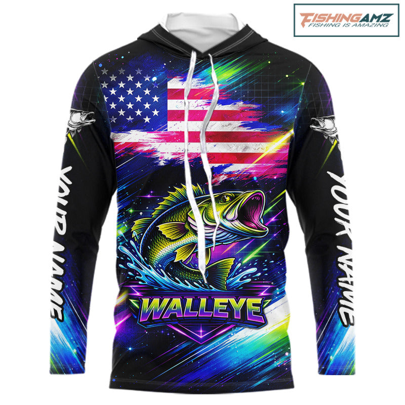 Personalized Walleye Fishing Jerseys, Custom American Flag Fishing Shirts Long Sleeve Hooded For Men NHT637