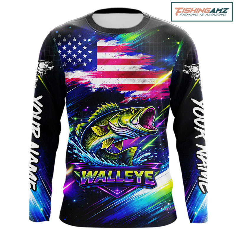 Personalized Walleye Fishing Jerseys, Custom American Flag Fishing Shirts Long Sleeve For Men NHT637