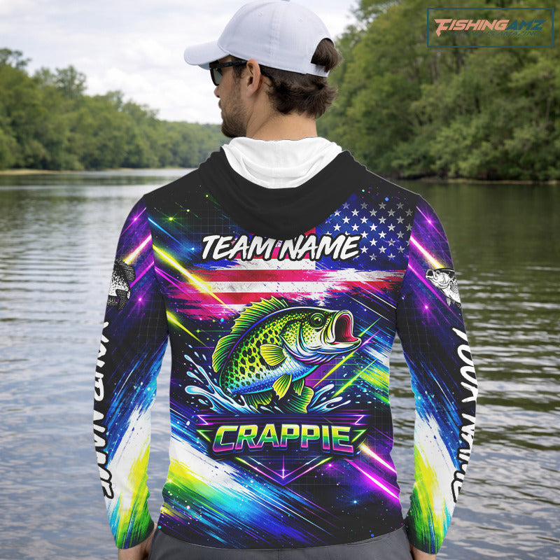 Personalized Crappie Fishing Jerseys, Custom American Flag Fishing Shirts Long Sleeve Hooded For Men NHT638