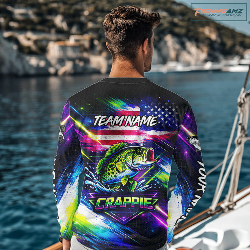 Personalized Crappie Fishing Jerseys, Custom American Flag Fishing Shirts Long Sleeve For Men NHT638