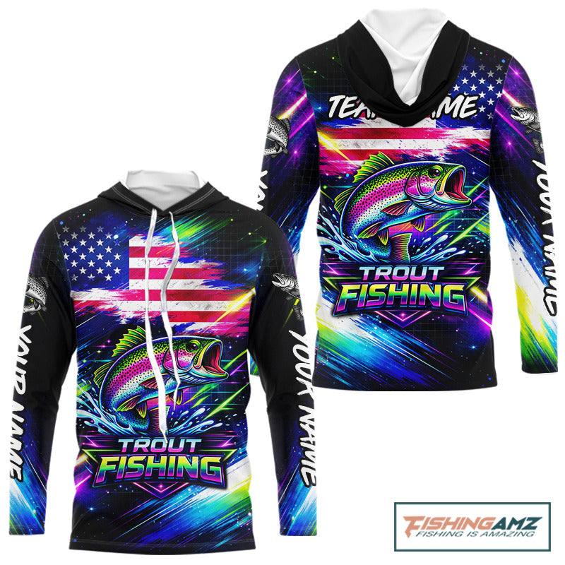 Personalized Rainbow Trout Fishing Jerseys, Custom American Flag Fishing Shirts Long Sleeve Hooded For Men NHT639