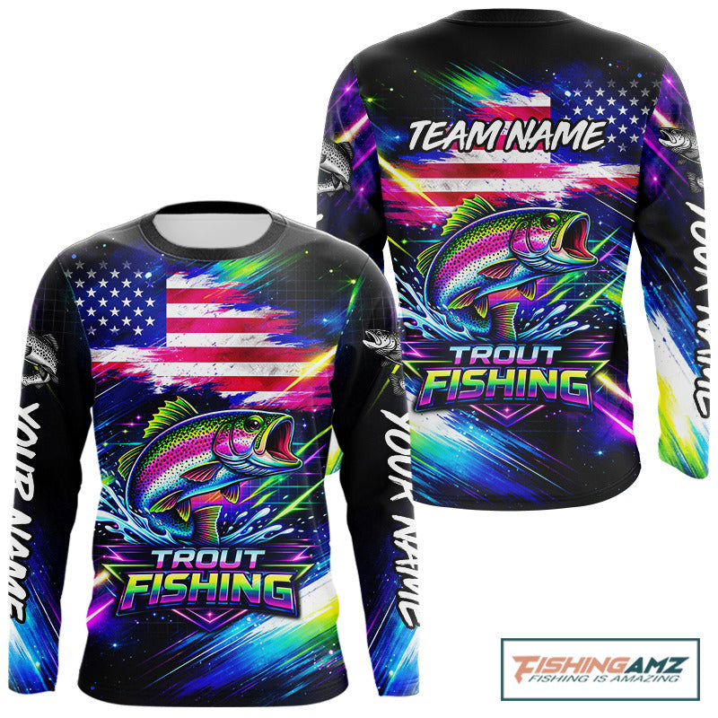 Personalized Rainbow Trout Fishing Jerseys, Custom American Flag Fishing Shirts Long Sleeve For Men NHT639