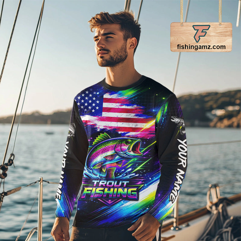 Personalized Rainbow Trout Fishing Jerseys, Custom American Flag Fishing Shirts Long Sleeve For Men NHT639