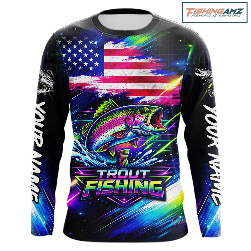 Personalized Rainbow Trout Fishing Jerseys, Custom American Flag Fishing Shirts Long Sleeve For Men NHT639