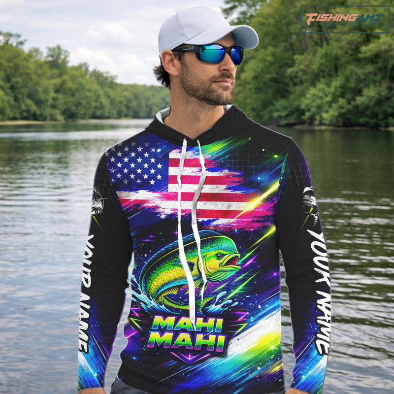 Personalized Mahi Mahi Fishing Jerseys, Custom American Flag Fishing Shirts Long Sleeve Hooded For Men NHT640