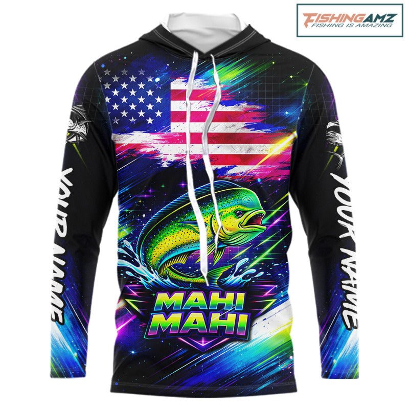 Personalized Mahi Mahi Fishing Jerseys, Custom American Flag Fishing Shirts Long Sleeve Hooded For Men NHT640