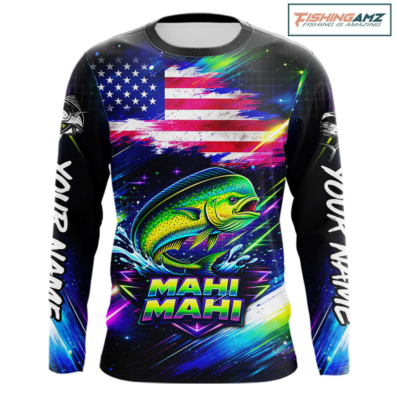 Personalized Mahi Mahi Fishing Jerseys, Custom American Flag Fishing Shirts Long Sleeve For Men NHT640