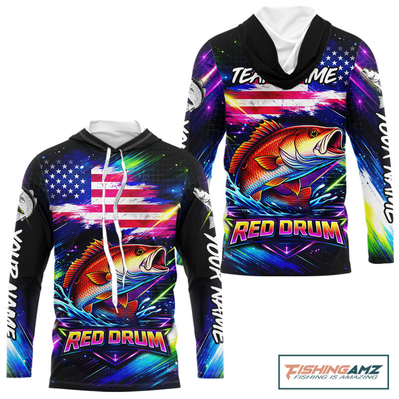Personalized Redfish Fishing Jerseys, Custom American Flag Fishing Shirts Long Sleeve Hooded For Men NHT641