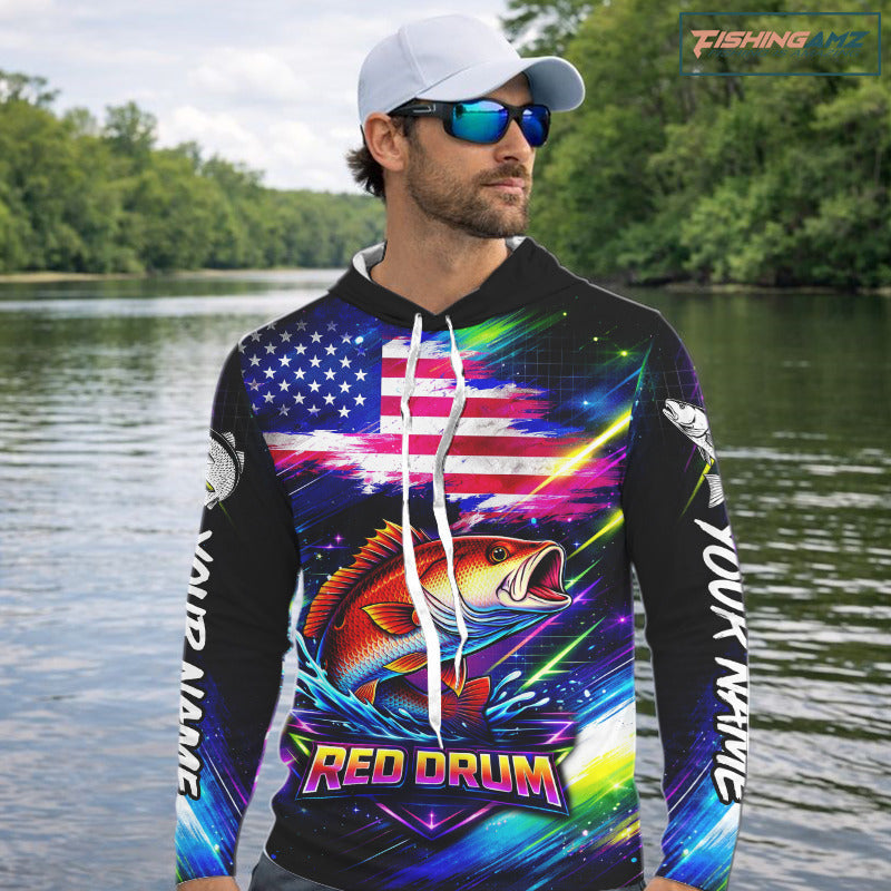 Personalized Redfish Fishing Jerseys, Custom American Flag Fishing Shirts Long Sleeve Hooded For Men NHT641