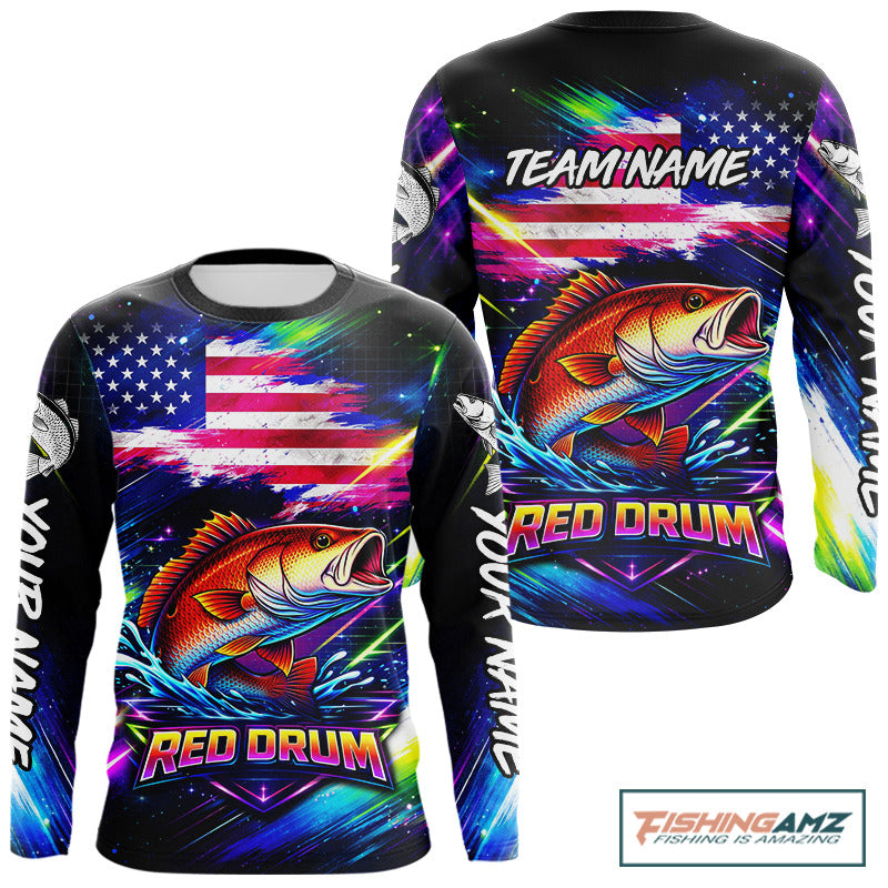 Personalized Redfish Fishing Jerseys, Custom American Flag Fishing Shirts Long Sleeve For Men NHT641