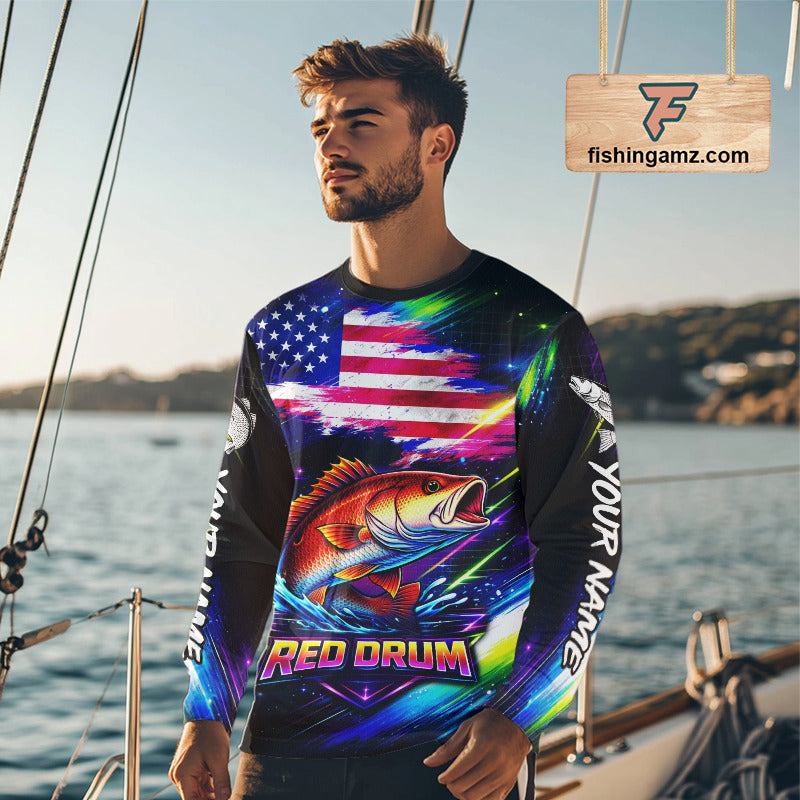Personalized Redfish Fishing Jerseys, Custom American Flag Fishing Shirts Long Sleeve For Men NHT641