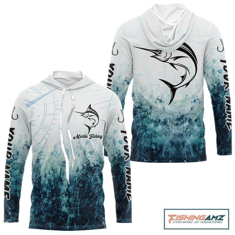 Personalized Marlin Fishing Shirt Long Sleeve Hooded Deep Sea Fishing Shirt, Ocean Wave Fishing Apparel NHT1463