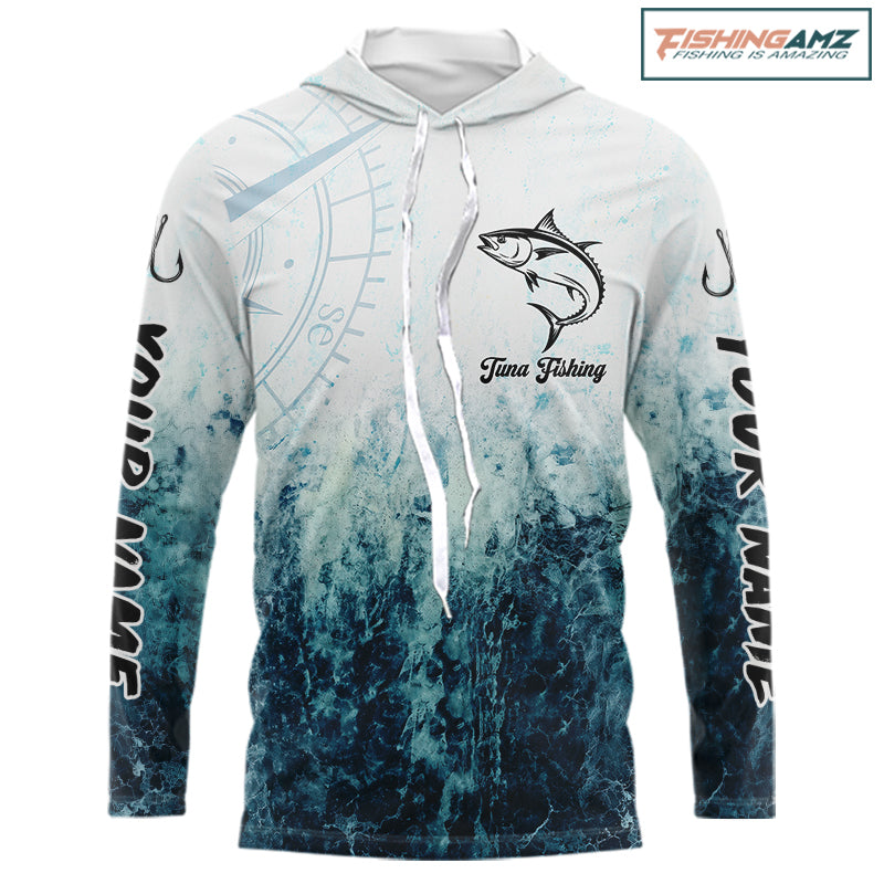 Personalized Tuna Fishing Shirt Long Sleeve Hooded Deep Sea Fishing Shirt, Ocean Wave Fishing Apparel NHT1465