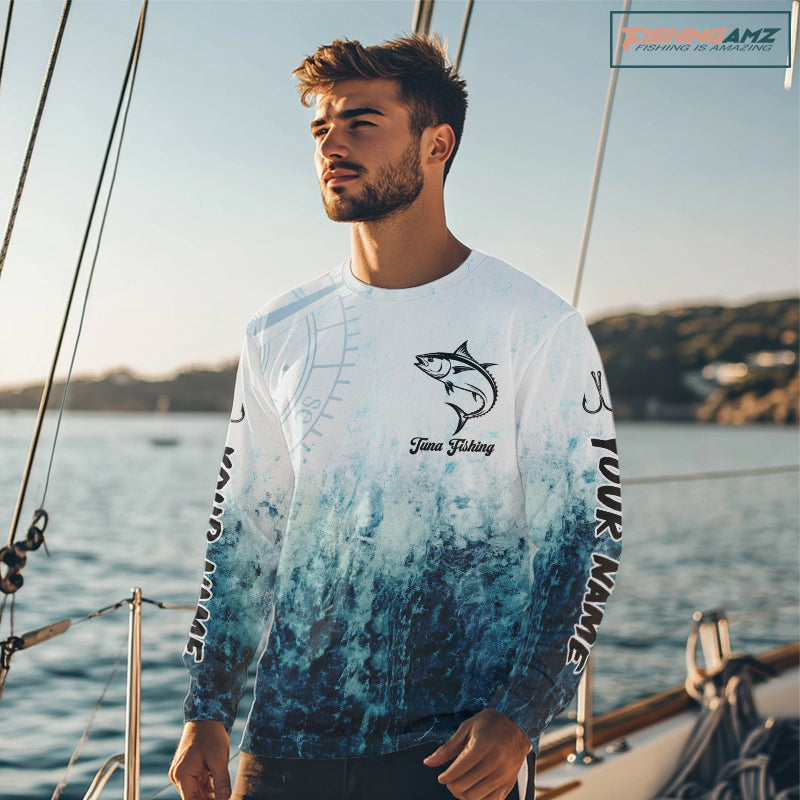 Personalized Tuna Fishing Shirt Long Sleeve Deep Sea Fishing Shirt, Ocean Wave Fishing Apparel NHT1465