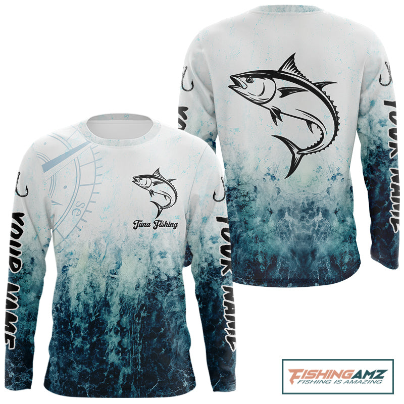 Personalized Tuna Fishing Shirt Long Sleeve Deep Sea Fishing Shirt, Ocean Wave Fishing Apparel NHT1465