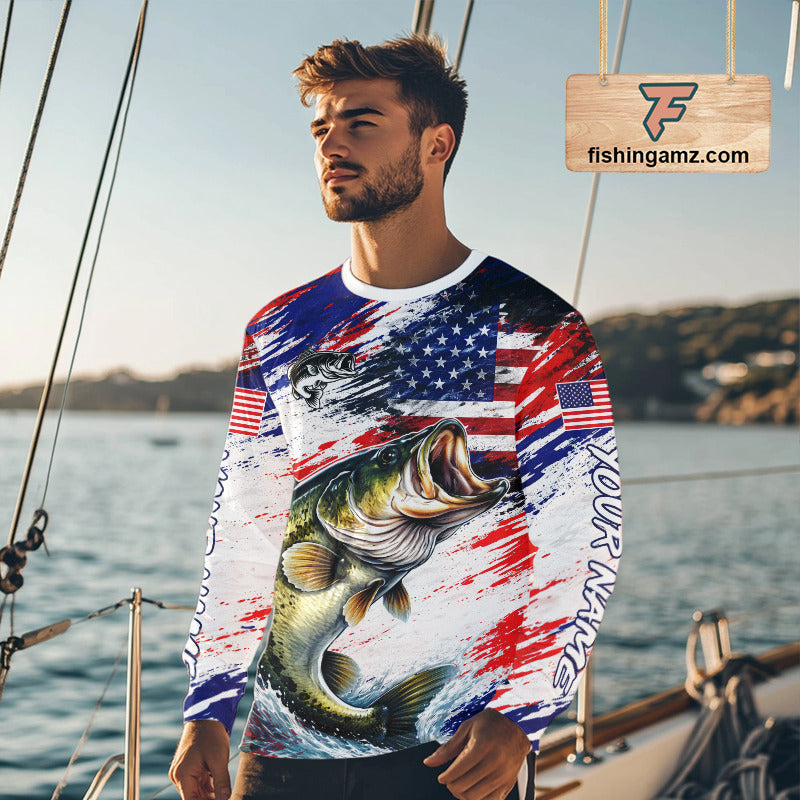 Patriotic Bass Fishing Tournament Shirts, Personalized American Flag Bass Fishing Jerseys