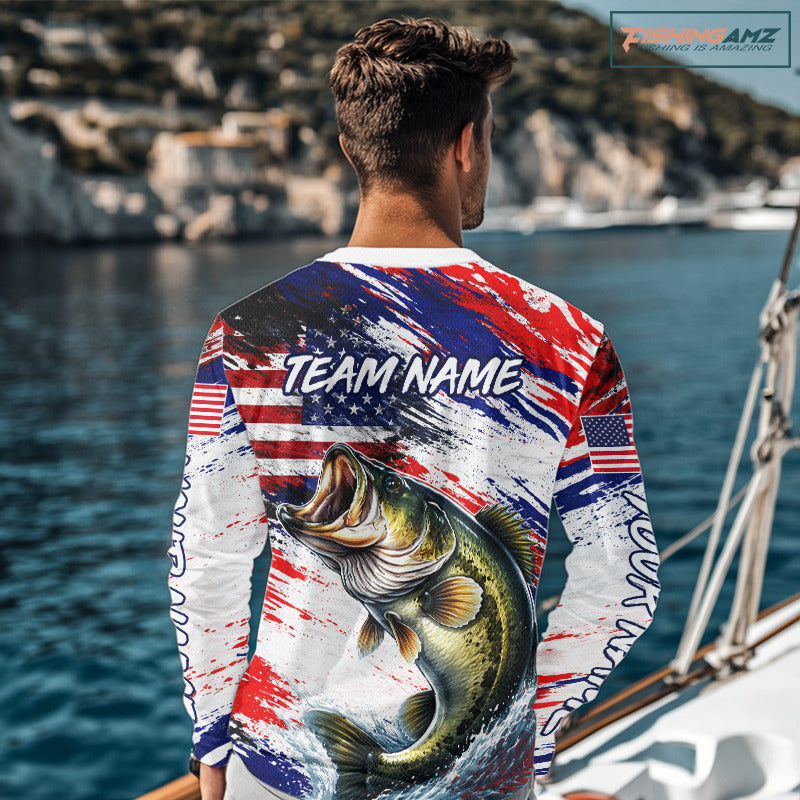 Patriotic Bass Fishing Tournament Shirts, Personalized American Flag Bass Fishing Jerseys