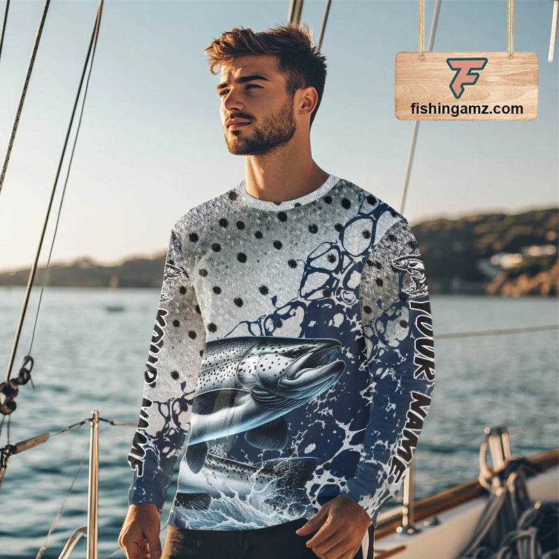 Personalized Chinook Salmon Saltwater Fishing Shirts Long Sleeve For Men, Salmon Fishing Jerseys NHT854