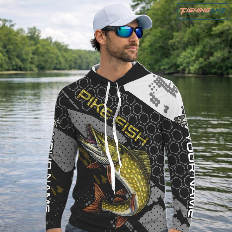 Custom Pike Hooded Long Sleeve Fishing Shirts For Men, Design Pike Fishing Jerseys NHT446