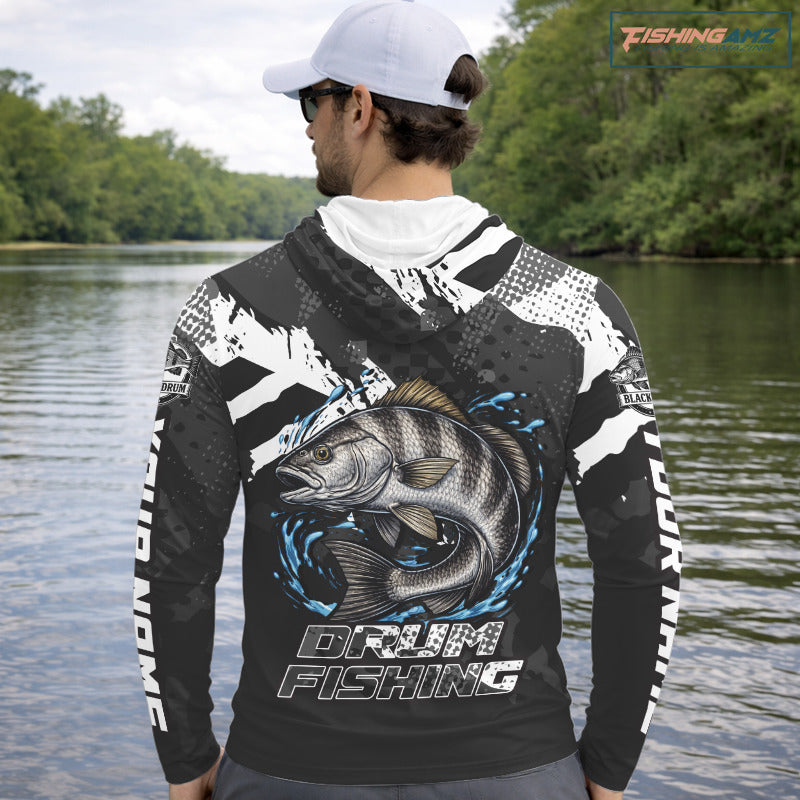Beautiful Black Drum Fishing Shirts Long Sleeve Hooded For Men, Fishing Shirt Tournament NHT447