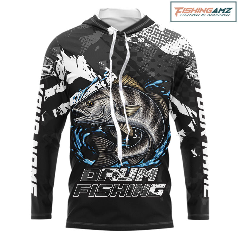 Beautiful Black Drum Fishing Shirts Long Sleeve Hooded For Men, Fishing Shirt Tournament NHT447