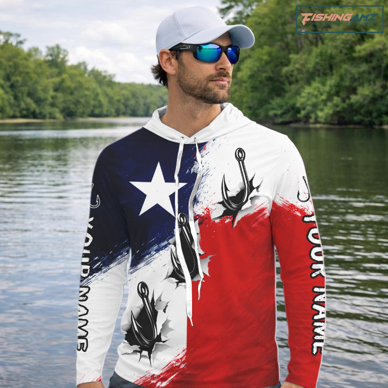 Texas Fishing Fish Hooks Patriotic Hooded Fishing Shirt Long Sleeve, Custom Name Fishing Jerseys NHT664