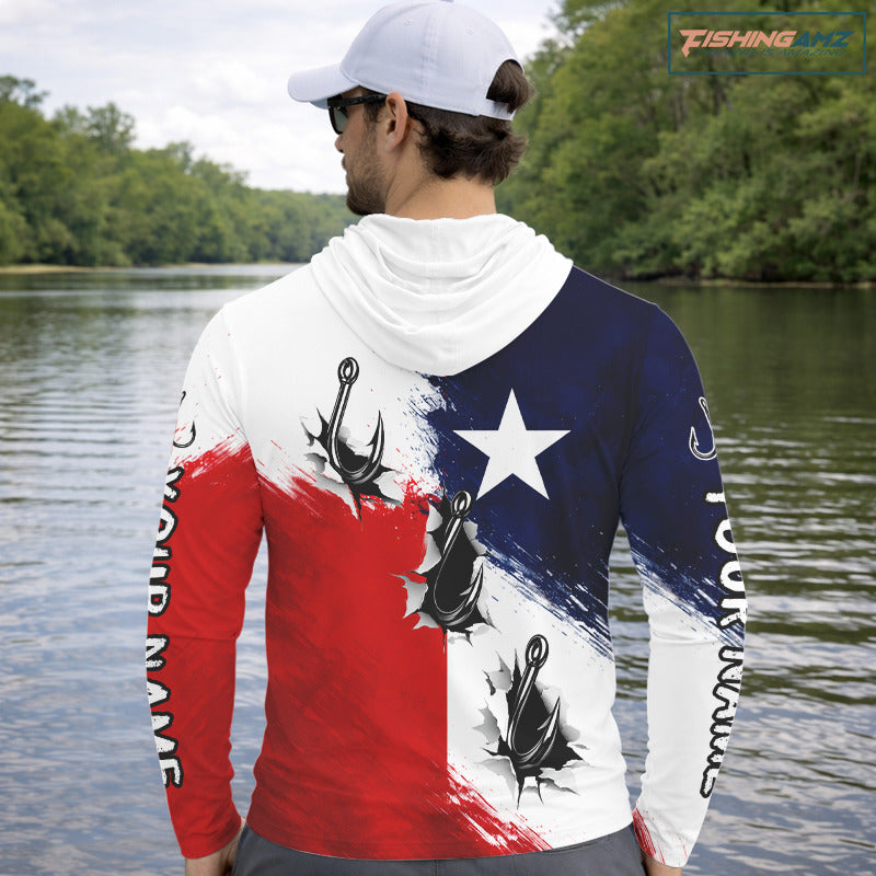 Texas Fishing Fish Hooks Patriotic Hooded Fishing Shirt Long Sleeve, Custom Name Fishing Jerseys NHT664