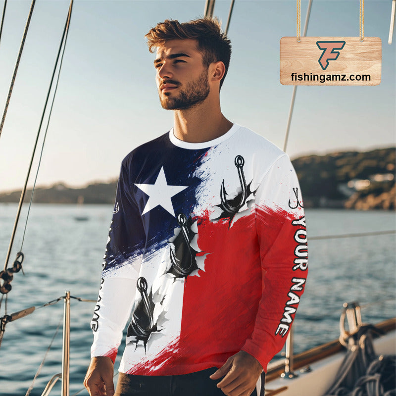 Texas Fishing Fish Hooks Patriotic Fishing Shirt Long Sleeve, Custom Name Fishing Jerseys NHT664