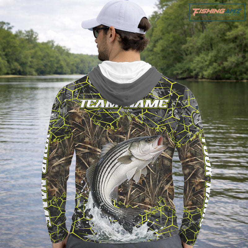 Striped Bass Custom Long Sleeve Hooded Fishing Shirts, Camouflage Striper Fishing Jerseys NHT518