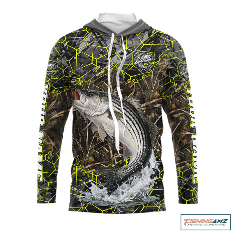 Striped Bass Custom Long Sleeve Hooded Fishing Shirts, Camouflage Striper Fishing Jerseys NHT518