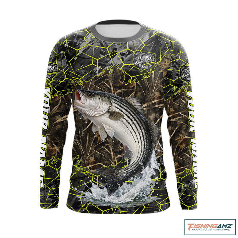 Striped Bass Custom Long Sleeve Fishing Shirts, Camouflage Striper Fishing Jerseys NHT518