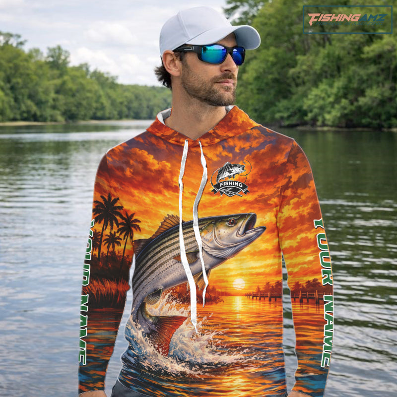 Personalized Striped Bass Fish Hooded Fishing Shirt Long Sleeve – Sunset Ocean Design NHT711