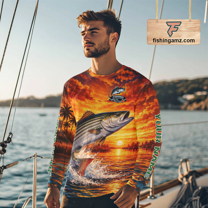 Personalized Striped Bass Fish Fishing Shirt Long Sleeve – Sunset Ocean Design NHT711
