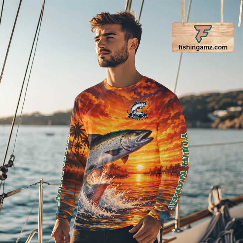 Personalized Chinook Salmon Fish Fishing Shirt Long Sleeve – Sunset Ocean Design NHT713