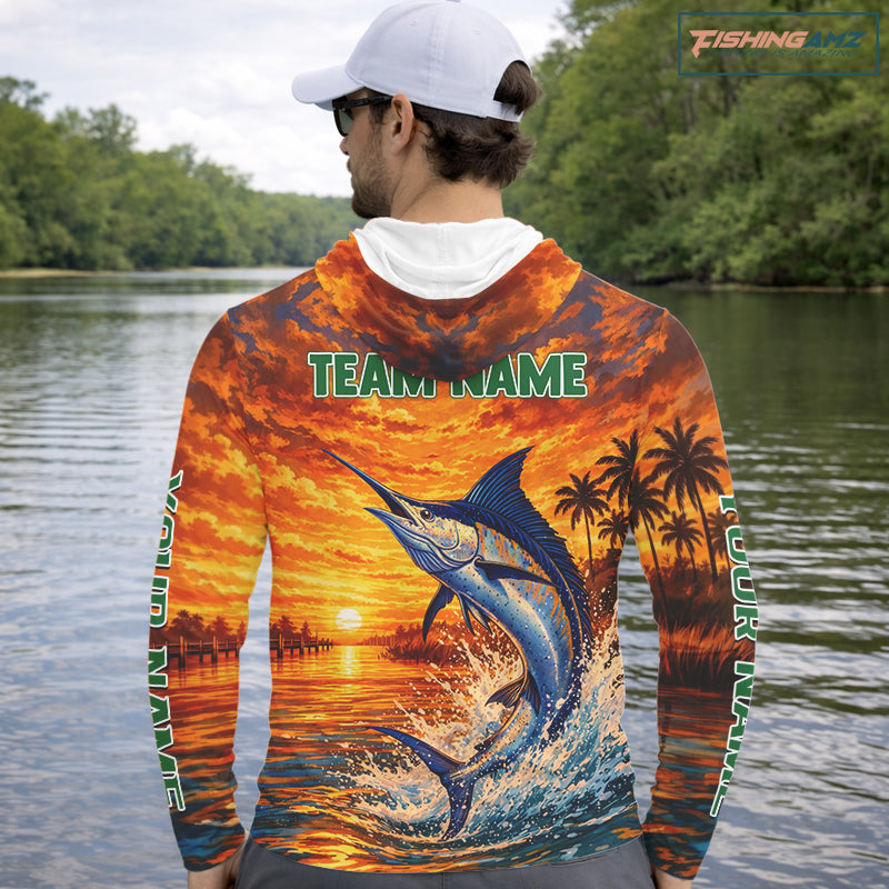 Personalized Marlin Fish Hooded Fishing Shirt Long Sleeve – Sunset Ocean Design NHT714