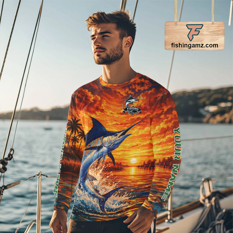 Personalized Marlin Fish Fishing Shirt Long Sleeve – Sunset Ocean Design NHT714