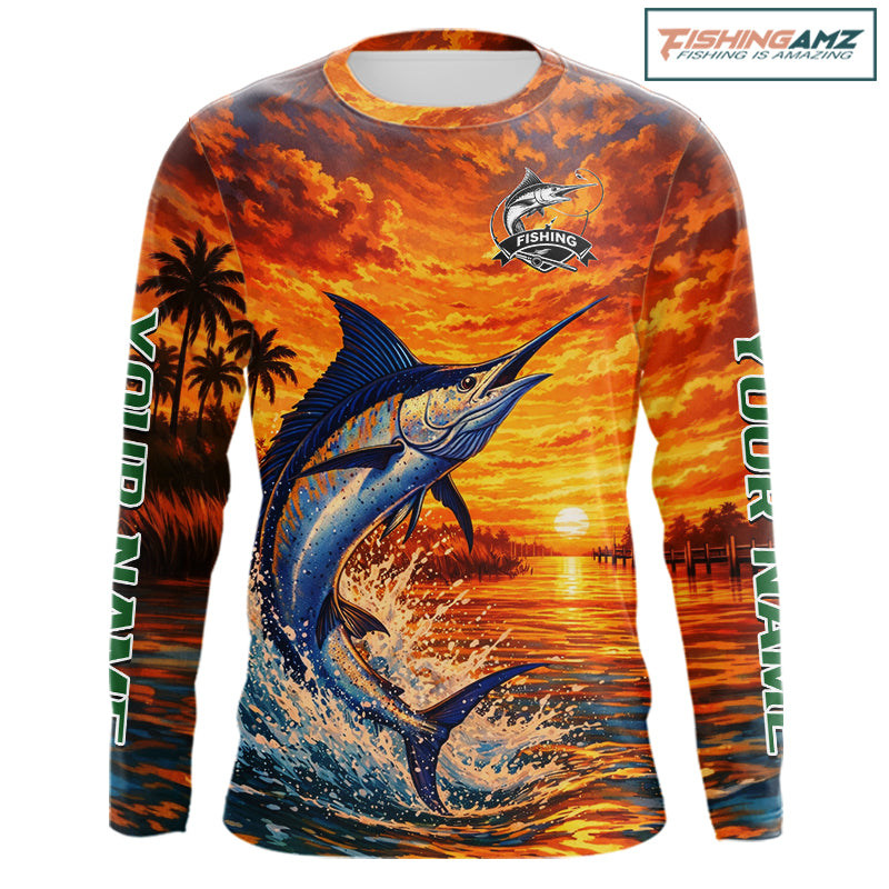 Personalized Marlin Fish Fishing Shirt Long Sleeve – Sunset Ocean Design NHT714