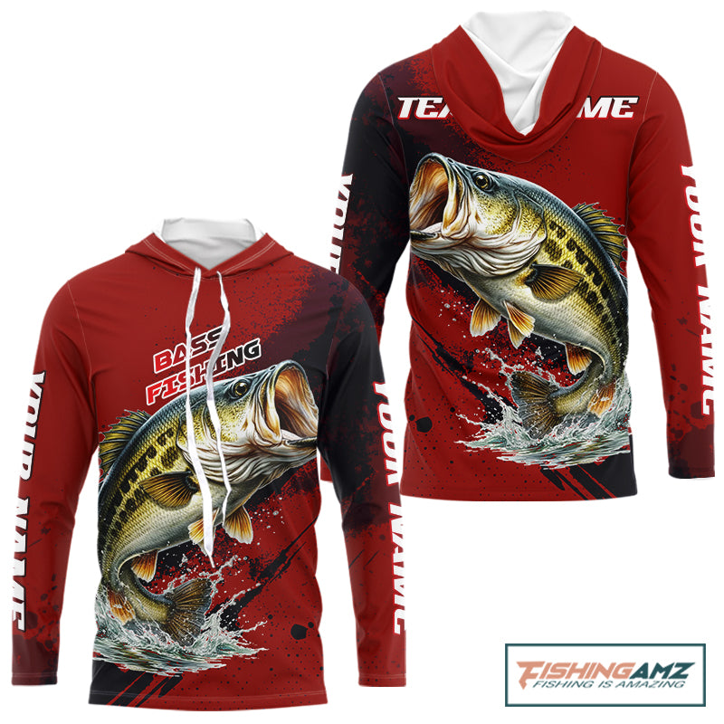 Bass Fishing Red Camo Custom Name UV Protection Fishing Shirts Hooded Long Sleeve For Men NHT528