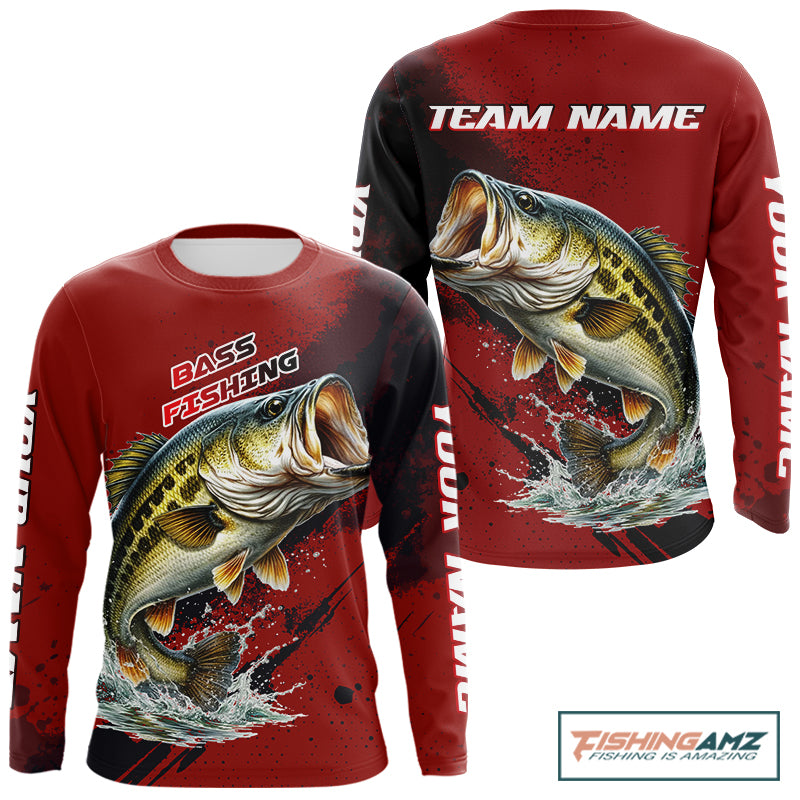 Bass Fishing Red Camo Custom Name UV Protection Fishing Shirts Long Sleeve For Men NHT528