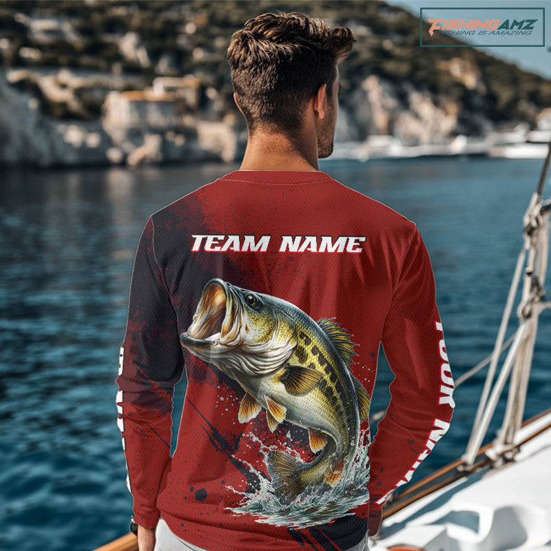 Bass Fishing Red Camo Custom Name UV Protection Fishing Shirts Long Sleeve For Men NHT528