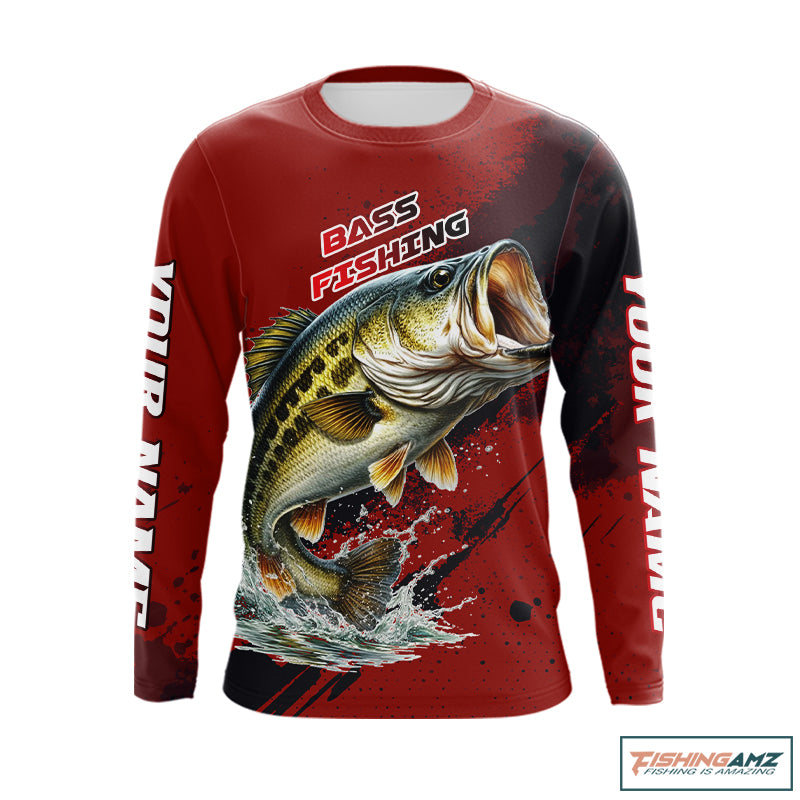 Bass Fishing Red Camo Custom Name UV Protection Fishing Shirts Long Sleeve For Men NHT528