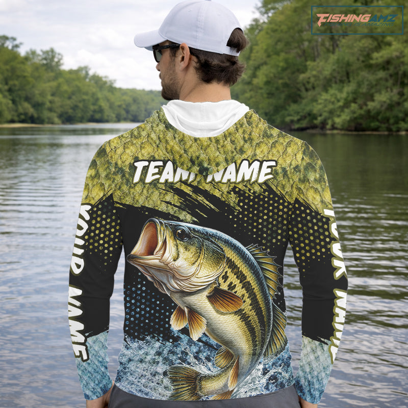Largemouth Bass Fishing Green Camo Bass Jersey Customize Bass Fishing Shirts Long Sleeve Hooded NHT532