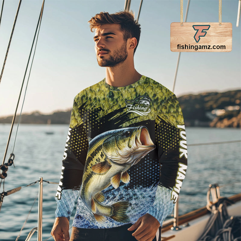 Largemouth Bass Fishing Green Camo Bass Jersey Customize Bass Fishing Shirts Long Sleeve